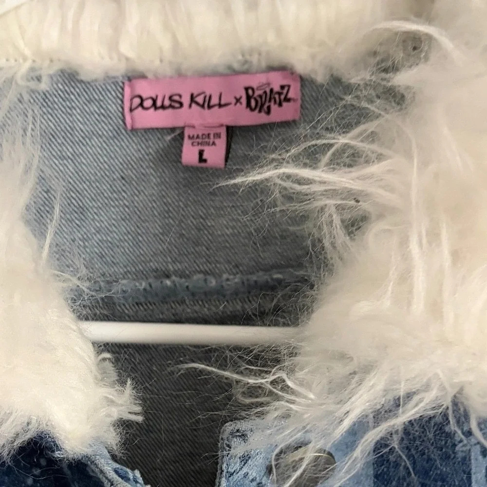 Dolls Kill x Bratz Denim 2 Piece Set Jacket Skirt Faux Fur Blue Checkered Large